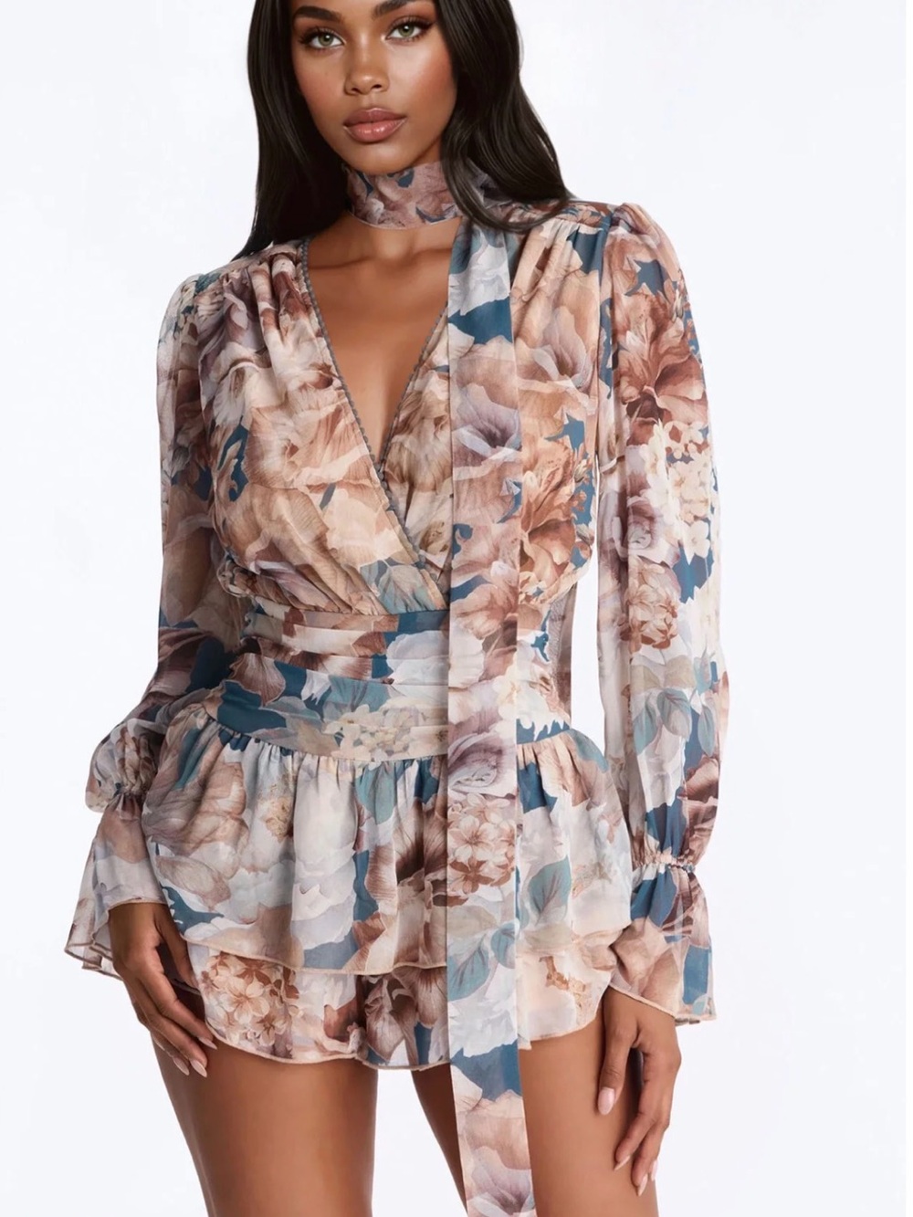 Fashion Nova Floral Chiffon Romper in Blush, Cream & Blue